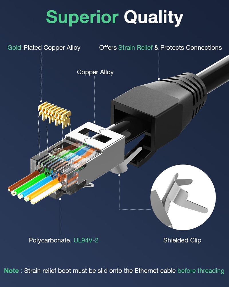 VCELINK CAT6A Connector, RJ45 Connectors Pass Through CAT6A CAT7 Shielded, UL-Listed 3-Prong Gold Plated, CAT7 Connector with Strain Relief Boots (RJ45 Connector-Black, Black, 10-Pack) - Image 2