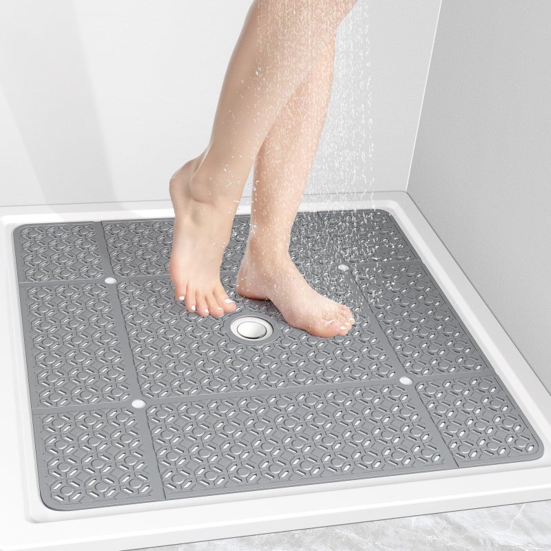 OTHWAY Square Shower Mat 27x 27 Extra Large Shower Mats for Inside Shower TPE Anti Slip Shower Mat with Suction Cups Drain Holes Machine Washable Shower Floor Mat Grey