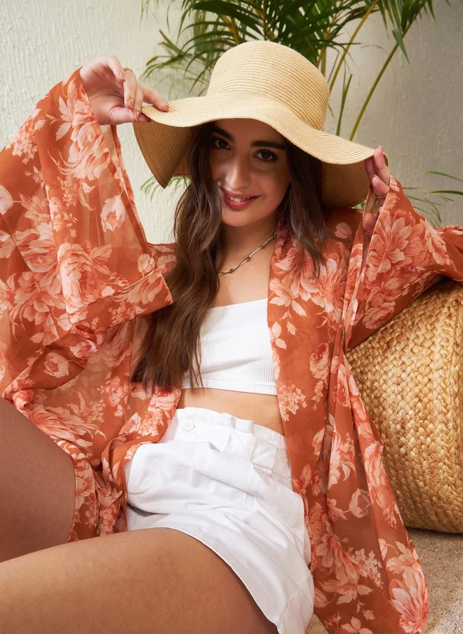 ساسافراس Rust Floral Printed Kimono Shrug for Women