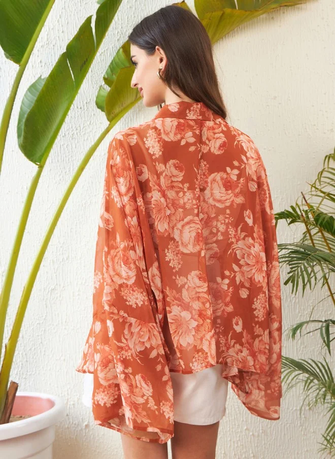 ساسافراس Rust Floral Printed Kimono Shrug for Women