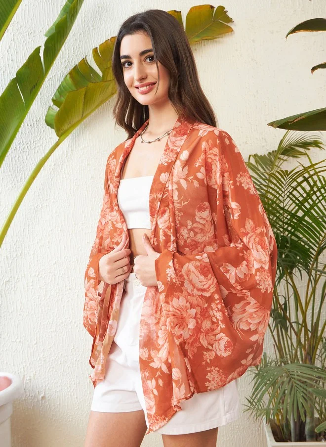 ساسافراس Rust Floral Printed Kimono Shrug for Women