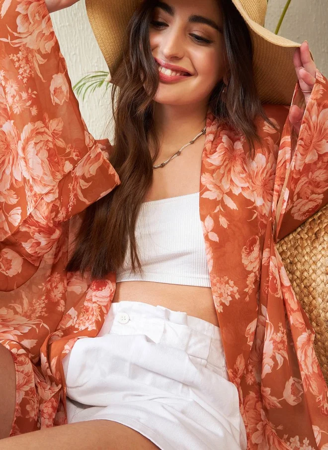 ساسافراس Rust Floral Printed Kimono Shrug for Women