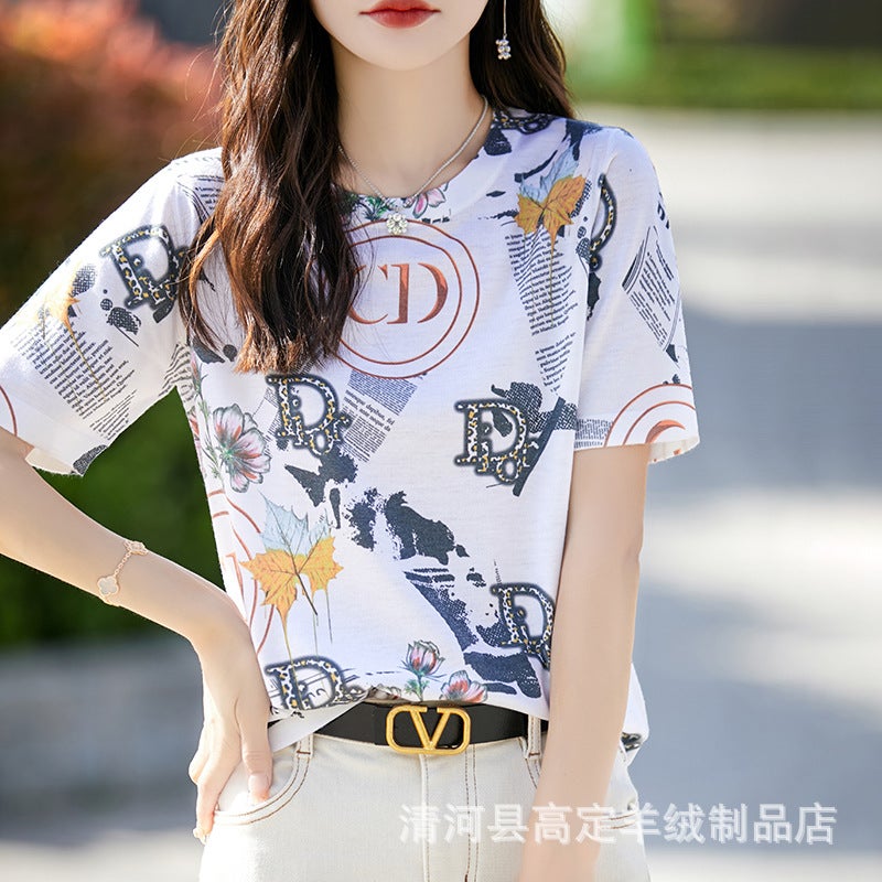There Is Always A Suitable One-Summer Classic Joker Mulberry Silk Various Printed Pattern Round Neck Short Sleeve T-Shirt - Image 1