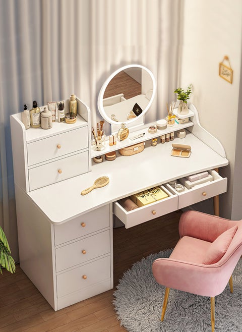 LED Mirror Make up Table, Modern Minimalist Bedroom Dressing Table, Vanity Table with 7 Drawers for Storage and Partition Storage(Without Chair)