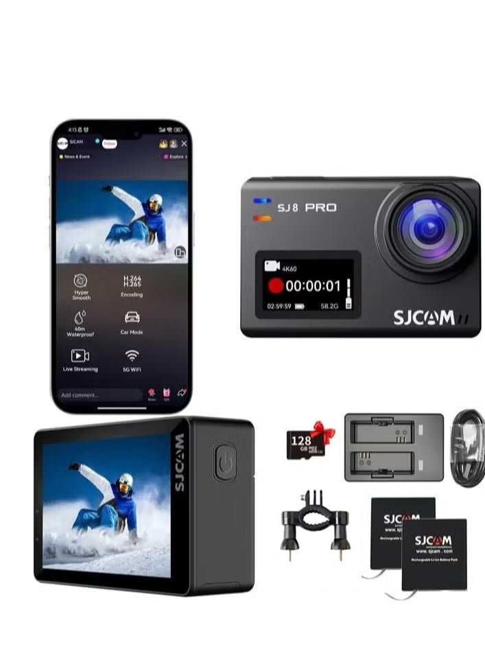 أس جي كام (مع بطاقة SD سعة 128 جيجابايت) كاميرا أكشن SJCAM SJ8Pro بدقة 4K و60 إطارًا في الثانية، وكاميرا رياضية تعمل باللمس/واي فاي، مجال رؤية 170 درجة، وتكبير 8 أضعاف، وتثبيت 6 محاور، وكاميرا تحت الماء 40 مترًا ومجموعة خوذة - Image 1