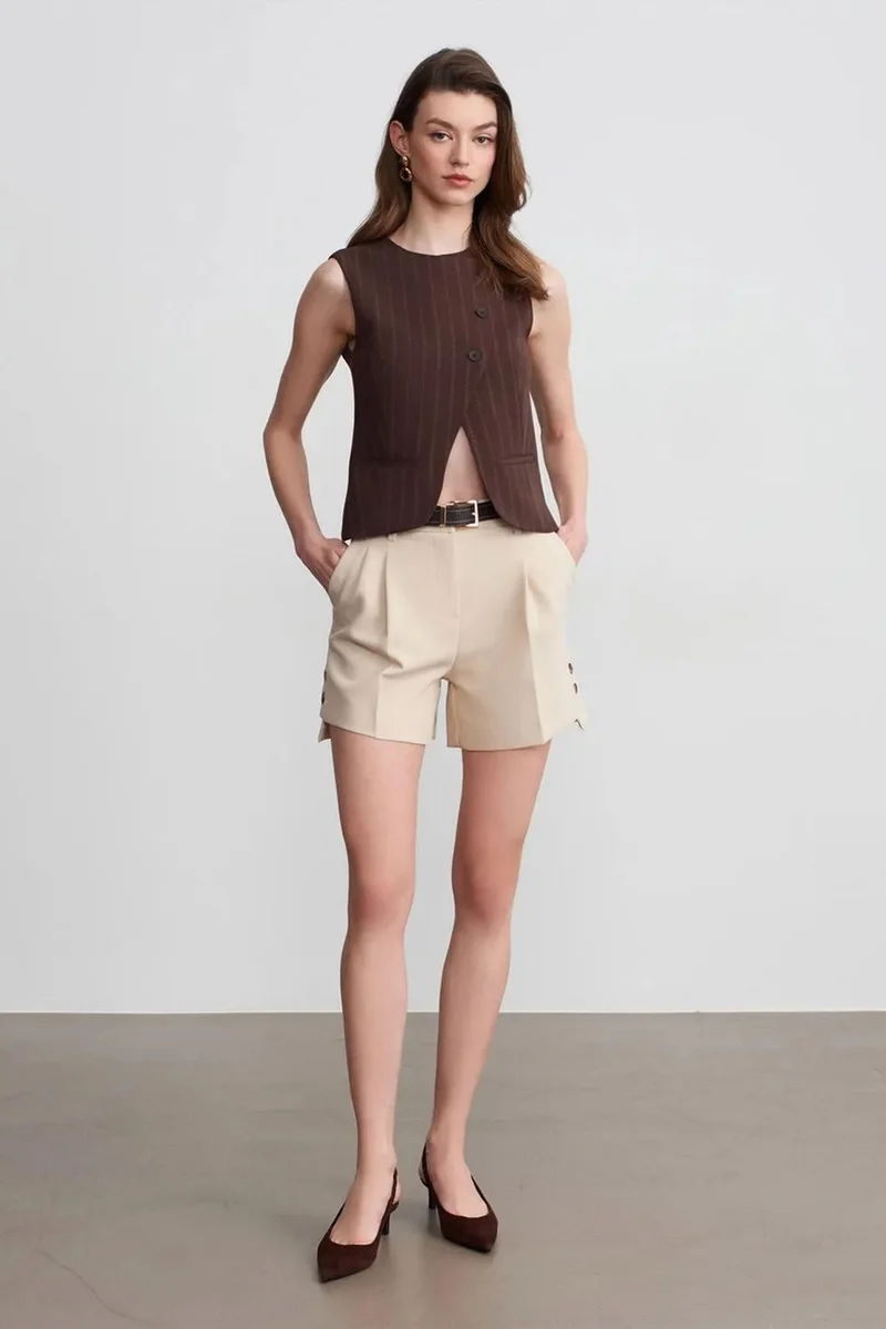 Dilvin Stone Natural DILVIN High-waist Tailored Crepe Shorts With Belt for Women | Best Price UAE