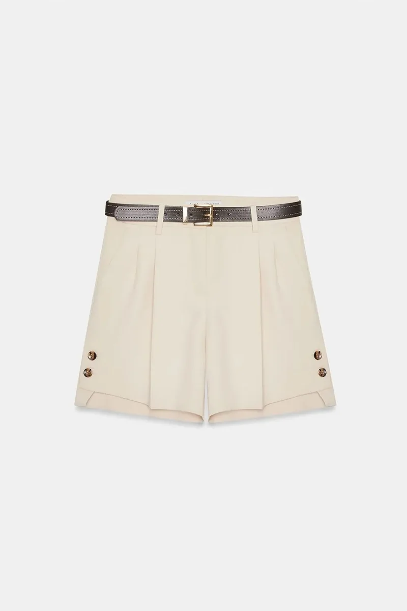 Dilvin Stone Natural DILVIN High-waist Tailored Crepe Shorts With Belt for Women | Best Price UAE