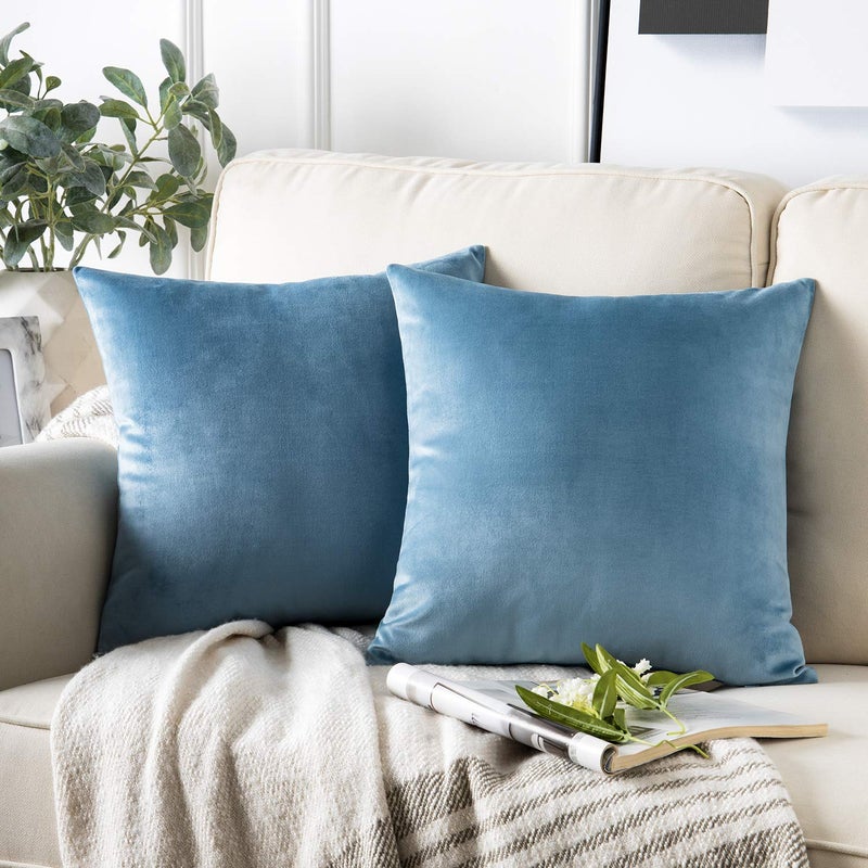 Phantoscope Pack of 2 Velvet Decorative Throw Decorative Pillow Cover Soft Solid Square Cushion Case for Couch Blue 18 x 18 inches 45 x 45 cm - Image 1