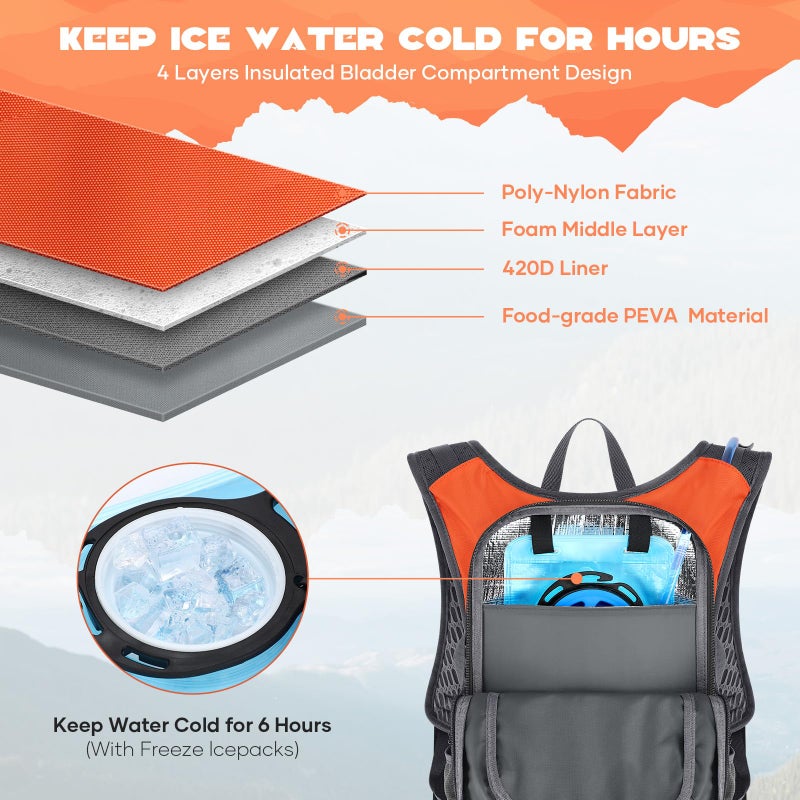 Maelstrom Hydration Hiking Backpack with 2L/3L Water Bladder, High Flow Bite Valve Camping Daypack Lightweight (2.Orange, 2L Bladder) - Image 2