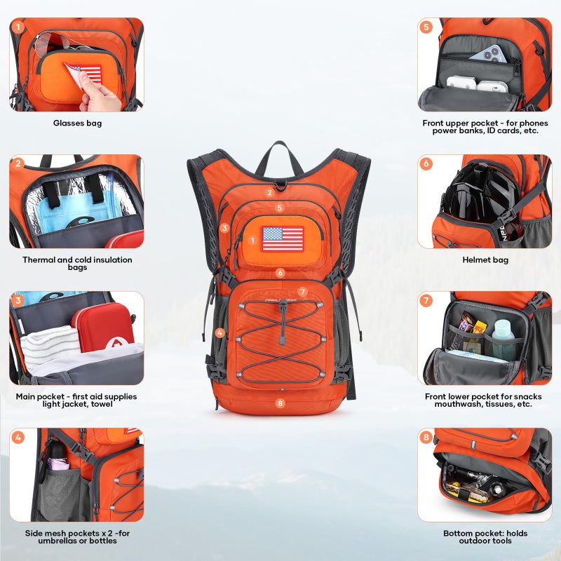 Maelstrom Hydration Hiking Backpack with 2L/3L Water Bladder, High Flow Bite Valve Camping Daypack Lightweight (2.Orange, 2L Bladder) - Image 4