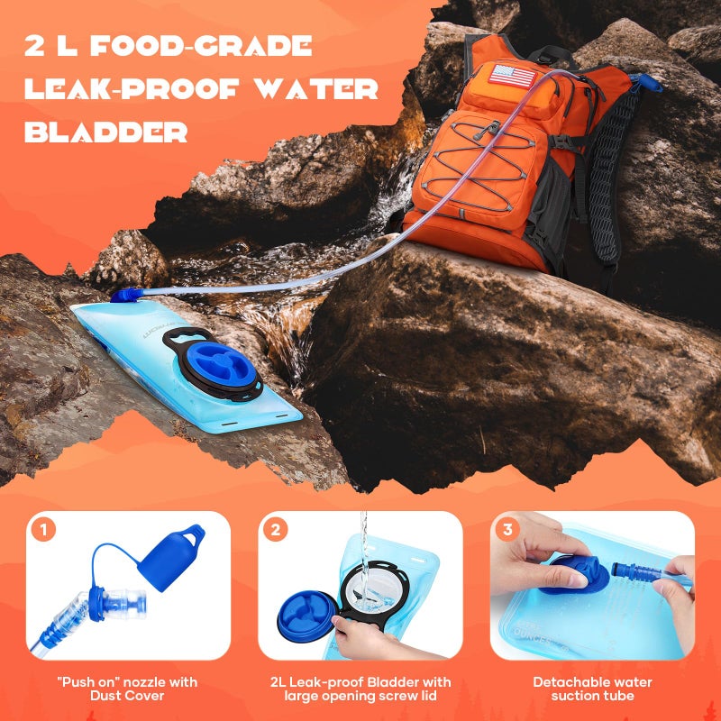 Maelstrom Hydration Hiking Backpack with 2L/3L Water Bladder, High Flow Bite Valve Camping Daypack Lightweight (2.Orange, 2L Bladder) - Image 3