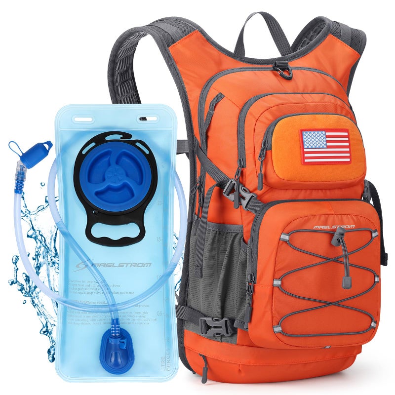 Maelstrom Hydration Hiking Backpack with 2L/3L Water Bladder, High Flow Bite Valve Camping Daypack Lightweight (2.Orange, 2L Bladder) - Image 1