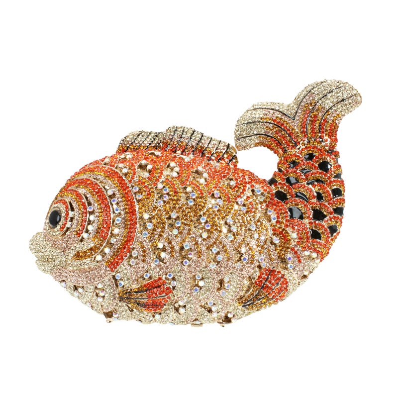 Tngan Women Mini Fish Clutch Luxury Rhinestones Purse Sparkling Banquet Handbag Wedding Party Clutch Bag Gold Orange