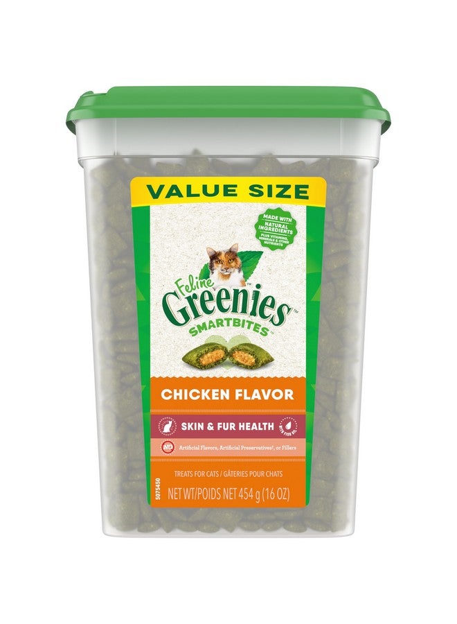Greenies Feline Smartbites Skin & Fur Health Crunchy and Soft Textured Adult Natural Cat Treats, Chicken Flavor, 16 oz. Tub - Image 1