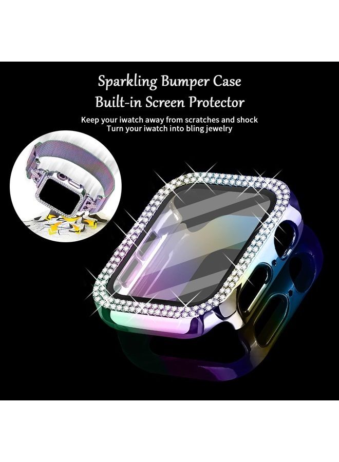 Magnetic Band Compatible with Apple Watch Band 38mm 40mm 41mm 42mm 44mm 45mm Milanese Strap with Bling Case and Screen Protector, Dressy Stainless Steel iWatch Loop for Women (Rainbow 45mm)