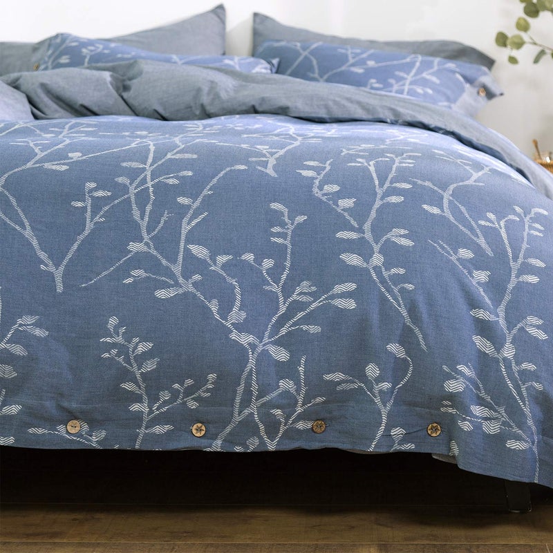 OREISE Duvet Cover Set King Size Washed Cotton Yarn Jacquard Blue and White Thick Branch Pattern Floral Style 3Piece Bedding Set