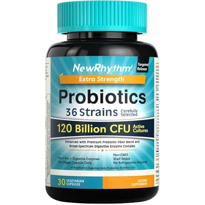 NewRhythm Probiotics 120 Billion CFU 36 Strains, 3-in-1 Probiotics with Prebiotics & Enzymes, Probioticos for Women & Men, Vegan Targeted Release Supplement, 30ct - Image 1