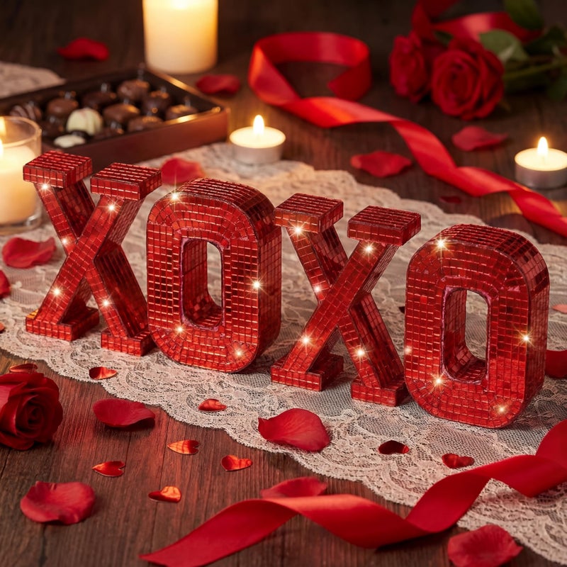 Yousoontic 4 Pcs Valentine's Day Table Decor Xoxo Letter Table Decor 3D Disco Mirror Xoxo Signs Valentines Centerpiece Bright Acrylic Mirror Centerpiece for Romantic Festival Home Bar Decoration - Image 1