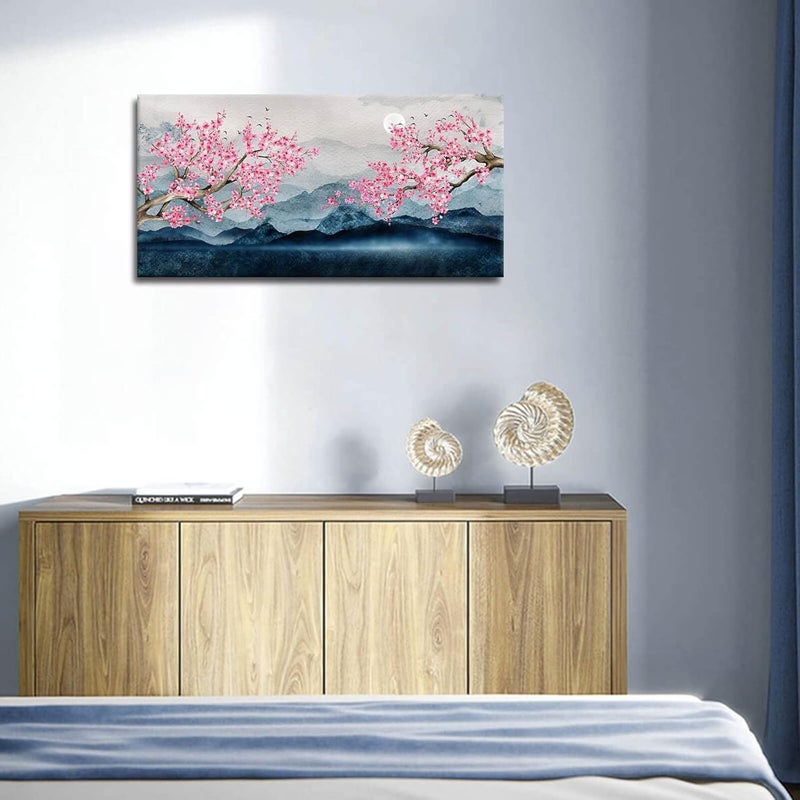 ALSIZE Cherry Blossom Decor - Japanese Wall Art Large Paintings for Wall Decorations Pink Wall Decor Pink Floral Wall Decorations for Living Room Cherry Blossom Tree Wall Decor for Bedroom Framed 20x40inch - Image 5