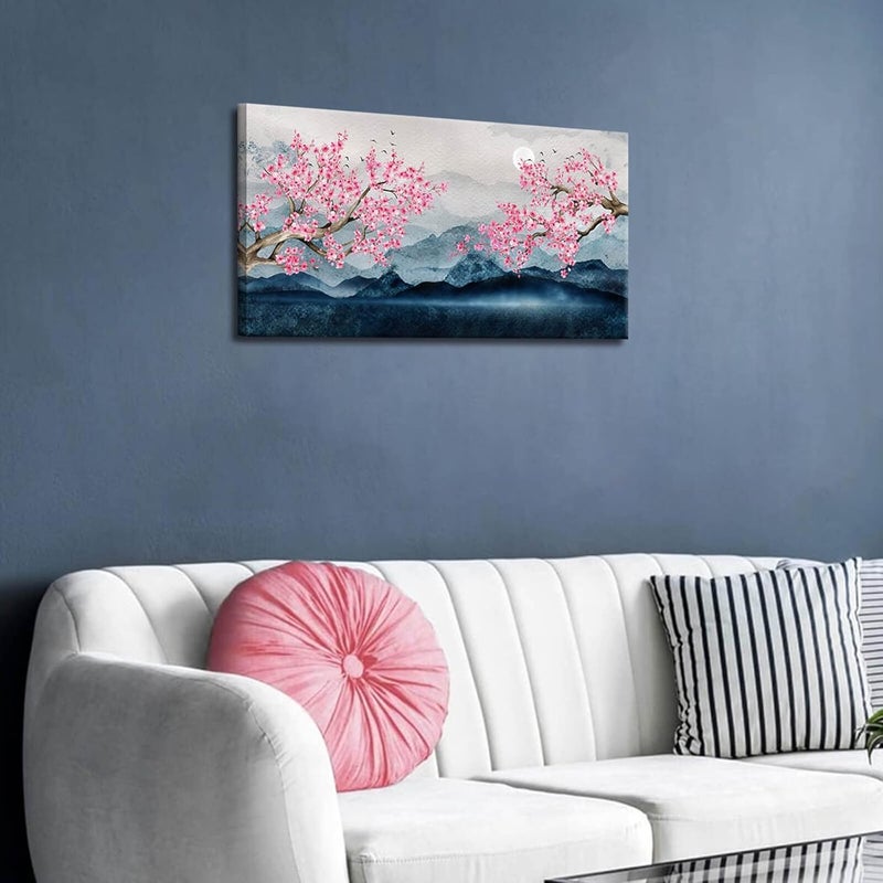 ALSIZE Cherry Blossom Decor - Japanese Wall Art Large Paintings for Wall Decorations Pink Wall Decor Pink Floral Wall Decorations for Living Room Cherry Blossom Tree Wall Decor for Bedroom Framed 20x40inch - Image 4