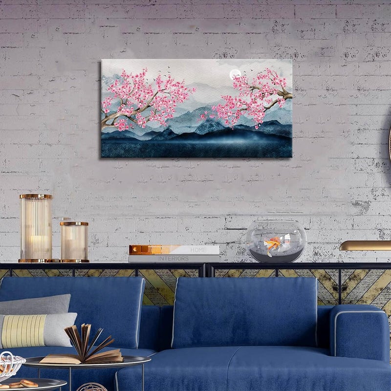 ALSIZE Cherry Blossom Decor - Japanese Wall Art Large Paintings for Wall Decorations Pink Wall Decor Pink Floral Wall Decorations for Living Room Cherry Blossom Tree Wall Decor for Bedroom Framed 20x40inch - Image 3