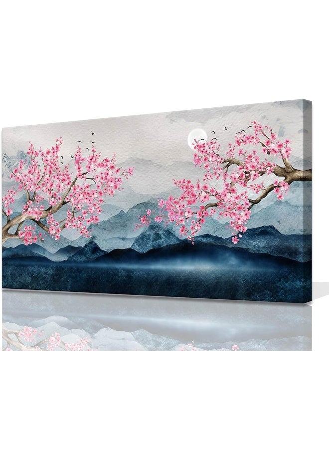 ALSIZE Cherry Blossom Decor - Japanese Wall Art Large Paintings for Wall Decorations Pink Wall Decor Pink Floral Wall Decorations for Living Room Cherry Blossom Tree Wall Decor for Bedroom Framed 20x40inch - Image 1