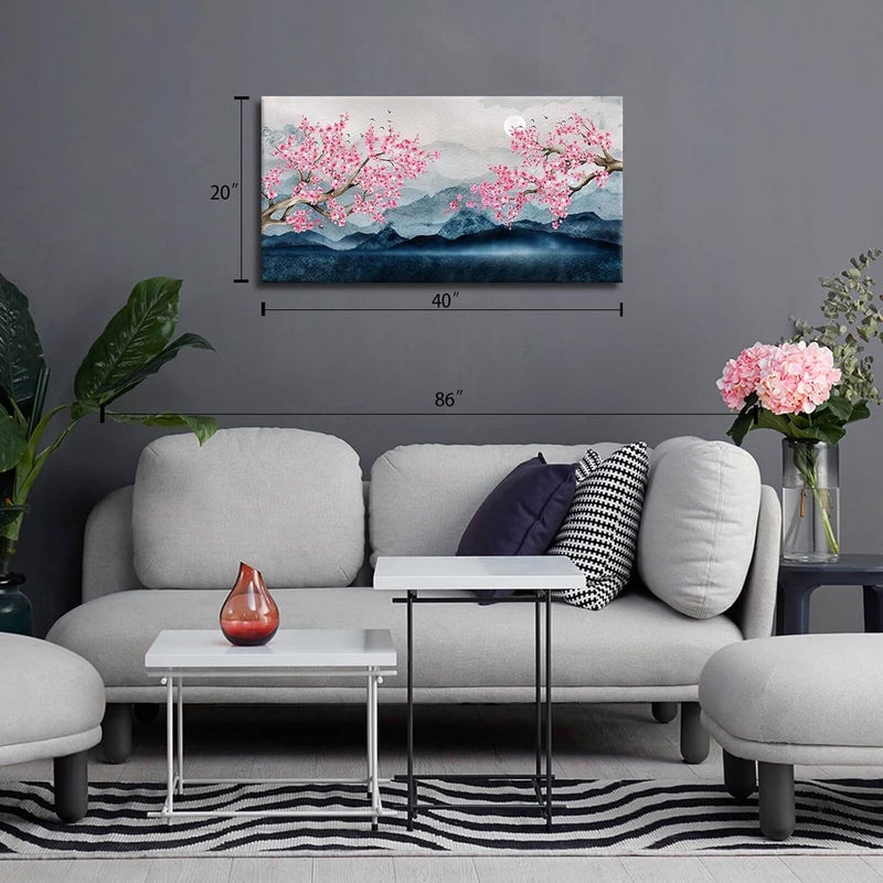 ALSIZE Cherry Blossom Decor - Japanese Wall Art Large Paintings for Wall Decorations Pink Wall Decor Pink Floral Wall Decorations for Living Room Cherry Blossom Tree Wall Decor for Bedroom Framed 20x40inch - Image 2