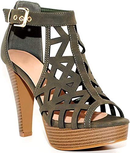 TRENDSup Collection Open Toe Ankle Strap Sandal – Western Bootie Stacked Heel Open Toe Cutout Shoes (7, Olive) - Image 4