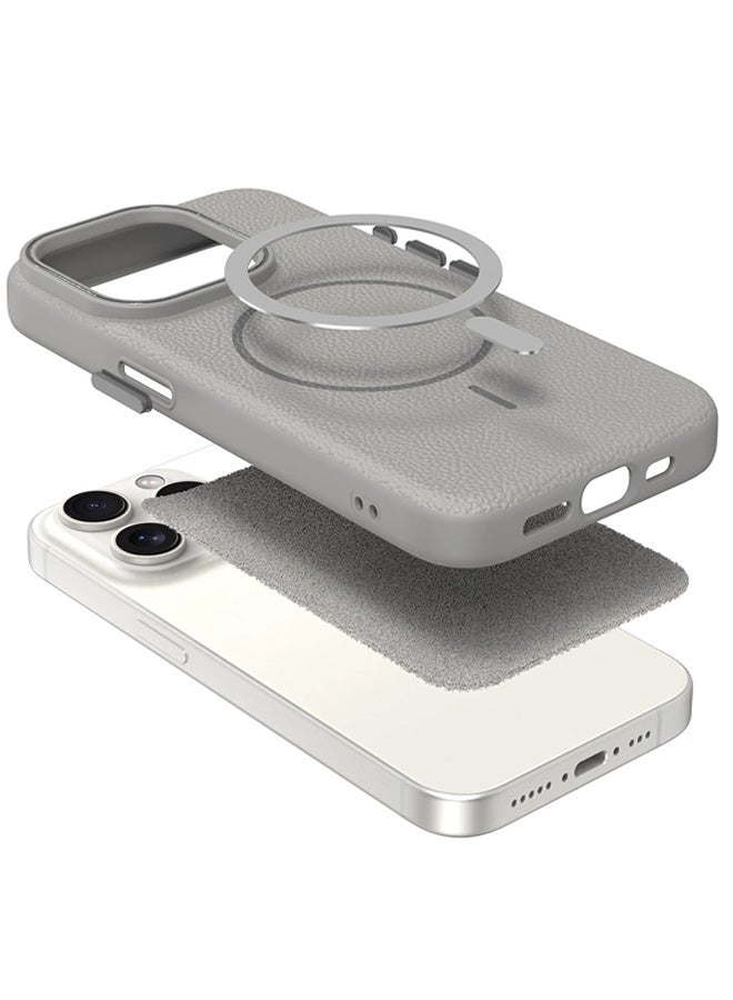 Magsafe Phone Case For iPhone 15 Pro Max With High Quality Rubber Frame And Slim Lychee Pattern Leather Case with Camera Lens Protection Shockproof Cover And support wireless Charging Leather Cover for iPhone 15 Pro Max - Grey - Image 3