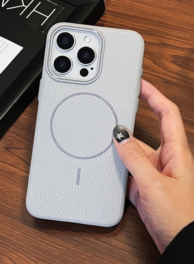 Magsafe Phone Case For iPhone 15 Pro Max With High Quality Rubber Frame And Slim Lychee Pattern Leather Case with Camera Lens Protection Shockproof Cover And support wireless Charging Leather Cover for iPhone 15 Pro Max - Grey - Image 5