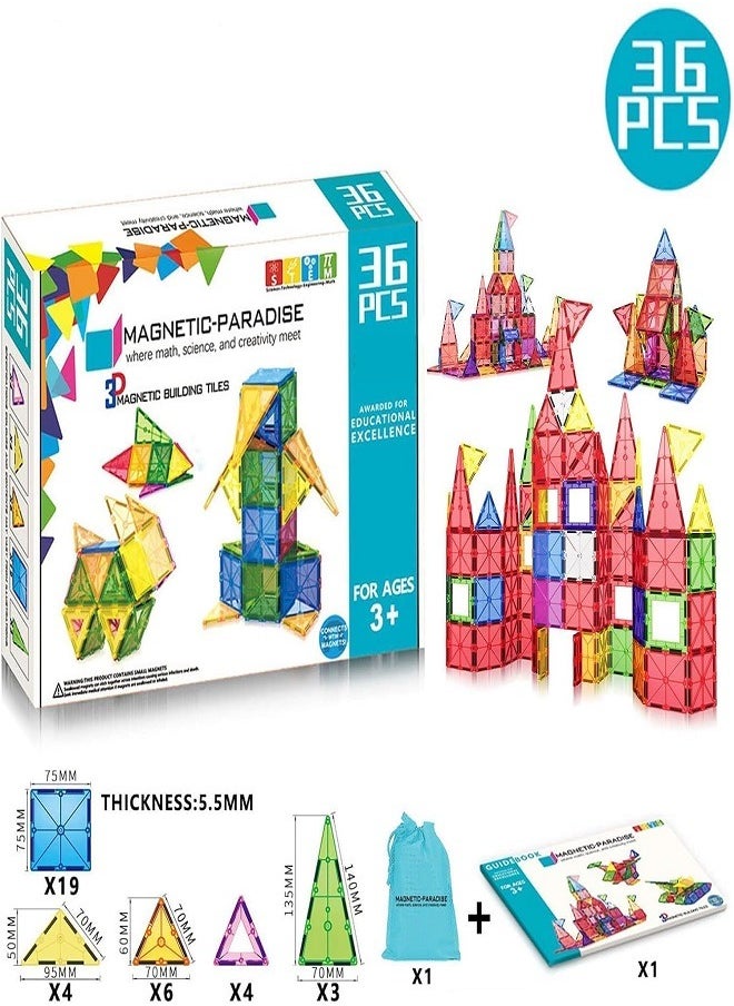 STEM 3D Magnetic Tiles Set - 36 PCs - Fun and Educational Toy STEM for Learning & Creativity Best Gift for 3 4 5 6 8 Years Old Boys Girls  - Image 1