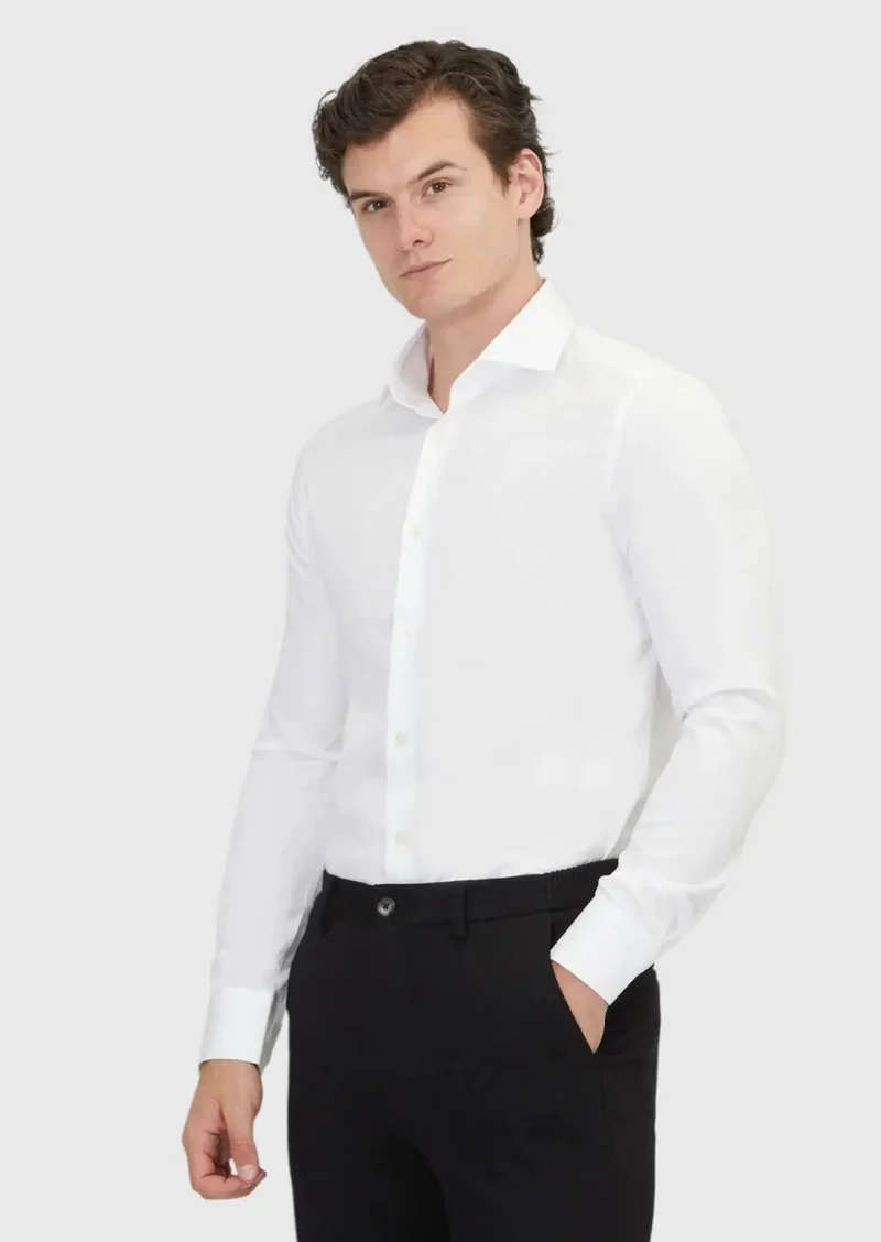 RAMSEY White Plain Slim Fit Weaving Classical 100% Cotton Shirt