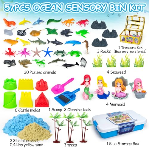 Bloolilies Sensory Bin 57Pcs Ocean Mermaid Sensory Bins for Toddlers Sand Art Kit Sea Animals Molds Sandbox with Cover Kids Play Sand Toys Playsand Birthday Easter Gifts for Boys Girls 35 6 7 8 - Image 5