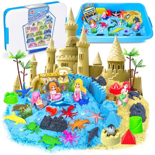 Bloolilies Sensory Bin 57Pcs Ocean Mermaid Sensory Bins for Toddlers Sand Art Kit Sea Animals Molds Sandbox with Cover Kids Play Sand Toys Playsand Birthday Easter Gifts for Boys Girls 35 6 7 8 - Image 1