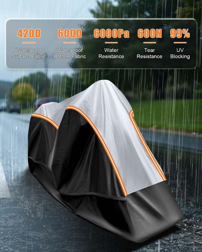 FJWDSC Full Enclosed Motorcycle Cover Waterproof Outdoor/Indoor Storage Waterproof Motorcycle Cover Heavy Duty with Reflective Strips Fits Dirt Bike/Scooter Motorcycles Length up to 96"（Black+Sliver） - Image 4