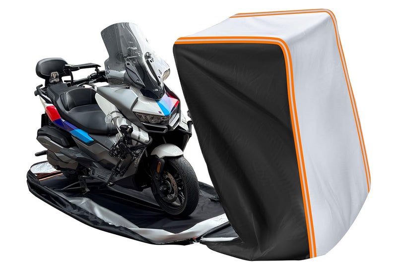 FJWDSC Full Enclosed Motorcycle Cover Waterproof Outdoor/Indoor Storage Waterproof Motorcycle Cover Heavy Duty with Reflective Strips Fits Dirt Bike/Scooter Motorcycles Length up to 96"（Black+Sliver） - Image 1