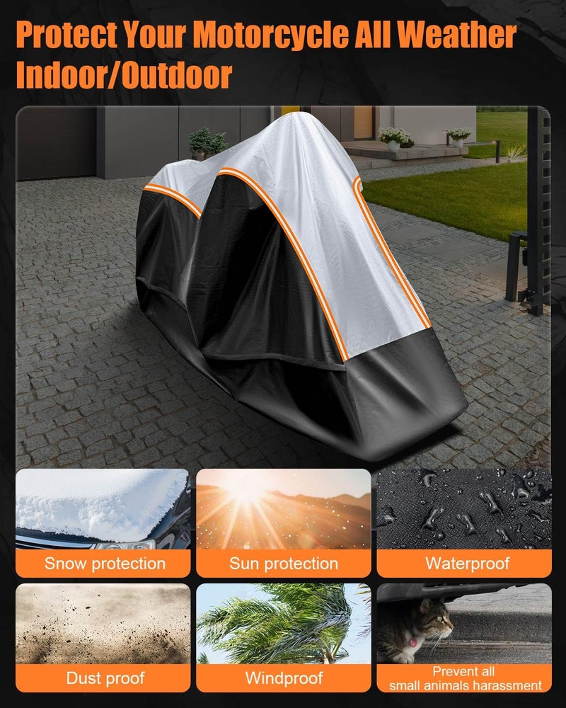 FJWDSC Full Enclosed Motorcycle Cover Waterproof Outdoor/Indoor Storage Waterproof Motorcycle Cover Heavy Duty with Reflective Strips Fits Dirt Bike/Scooter Motorcycles Length up to 96"（Black+Sliver） - Image 3