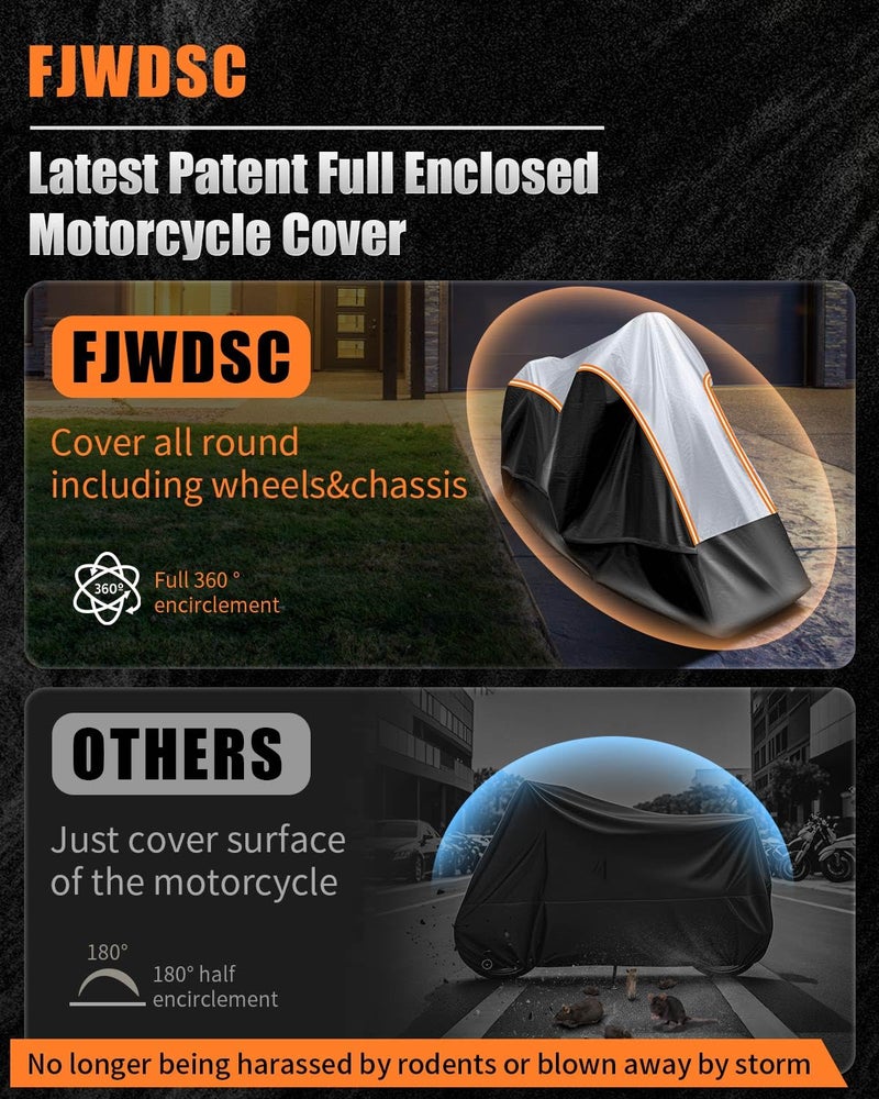 FJWDSC Full Enclosed Motorcycle Cover Waterproof Outdoor/Indoor Storage Waterproof Motorcycle Cover Heavy Duty with Reflective Strips Fits Dirt Bike/Scooter Motorcycles Length up to 96"（Black+Sliver） - Image 2
