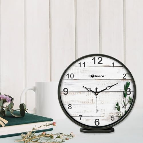 Bosco Modern Non Ticking Silent,Rustic White Wooden Face with Black Frame, 20 CM Table Cum Round Wall Clock for Home, Living Room, Bed Room, Office and Kitchen- BWC-1204 - Image 1