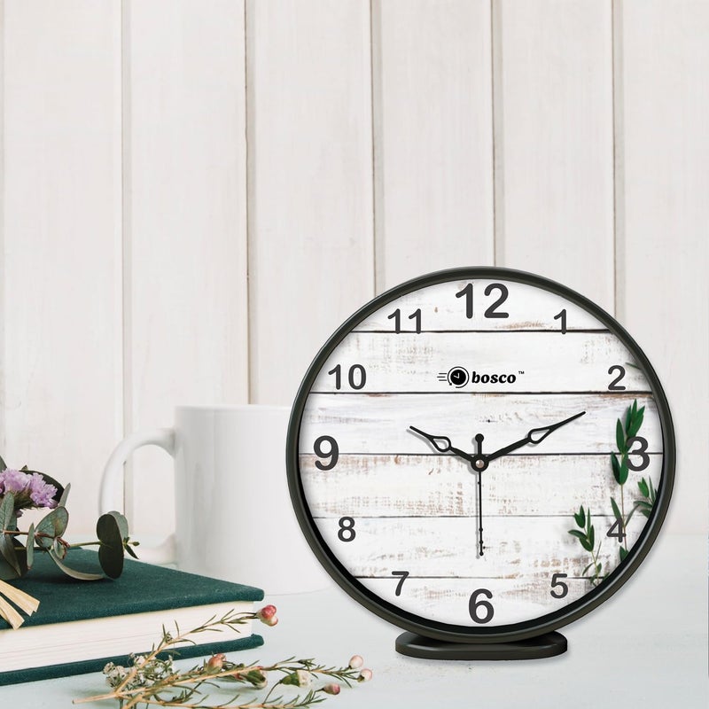 Bosco Modern Non Ticking Silent,Rustic White Wooden Face with Black Frame, 20 CM Table Cum Round Wall Clock for Home, Living Room, Bed Room, Office and Kitchen- BWC-1204 - Image 4