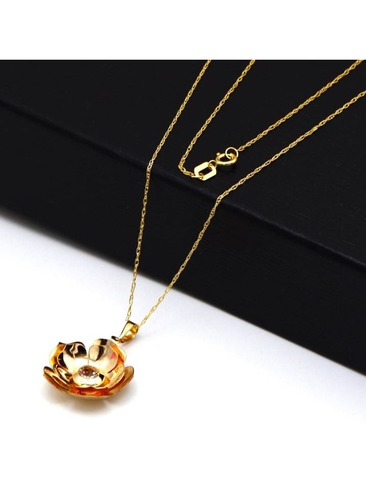 Gold Zone - Real Gold 3D Flower Cup With Center Stone Necklace - Image 1