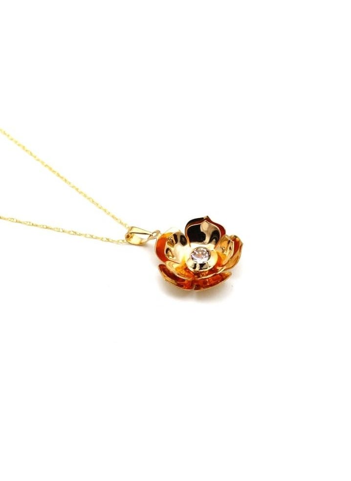 Gold Zone - Real Gold 3D Flower Cup With Center Stone Necklace - Image 1