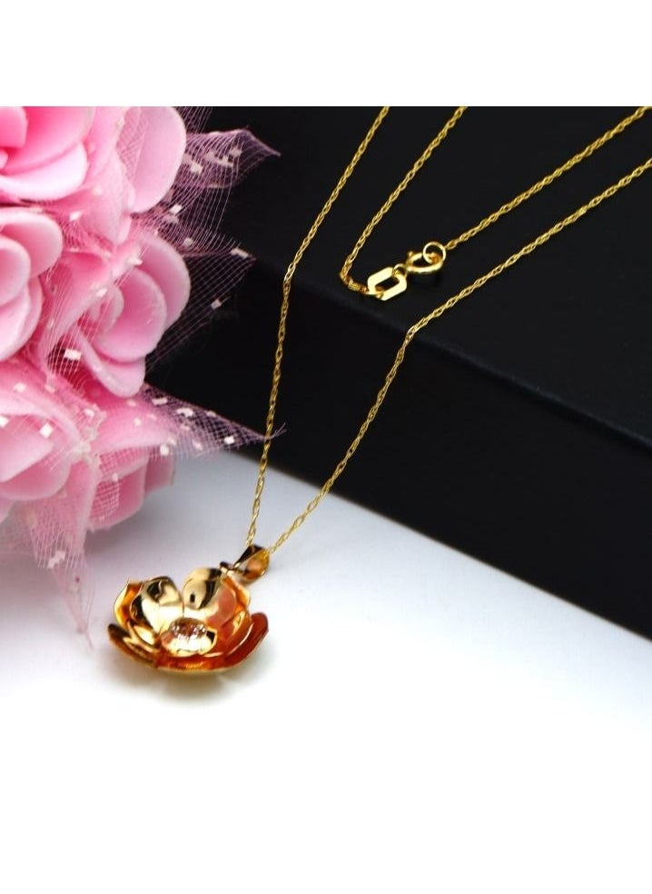 Gold Zone - Real Gold 3D Flower Cup With Center Stone Necklace - Image 1