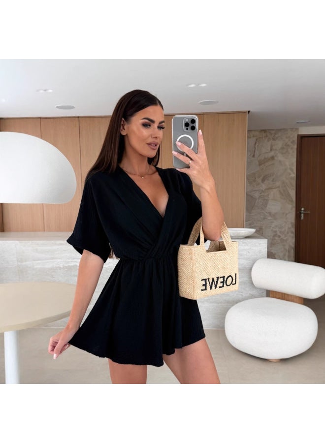 New Summer V-neck Fashion Tight Waist Solid Color Shorts Jumpsuit Women
