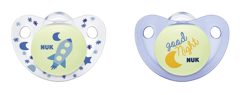 NUK Cute-as-a-Button Glow-in-The-Dark Orthodontic Pacifiers, Boy, 0-6 Months, 2-Pack - Image 1