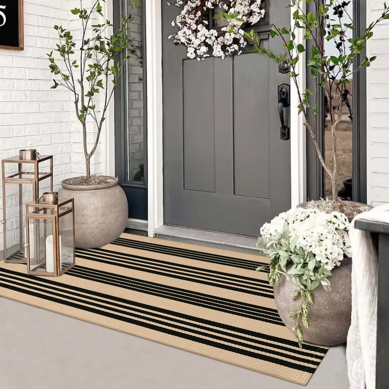 Sungea Striped Outdoor Front Door Mat 24"x51", Cotton Hand Woven Washable Black and Khaki Rug Runner, Reversible Foldable Indoor Layered Front Door Rugs for Entryway/Farmhouse/Home Entrance - Image 1