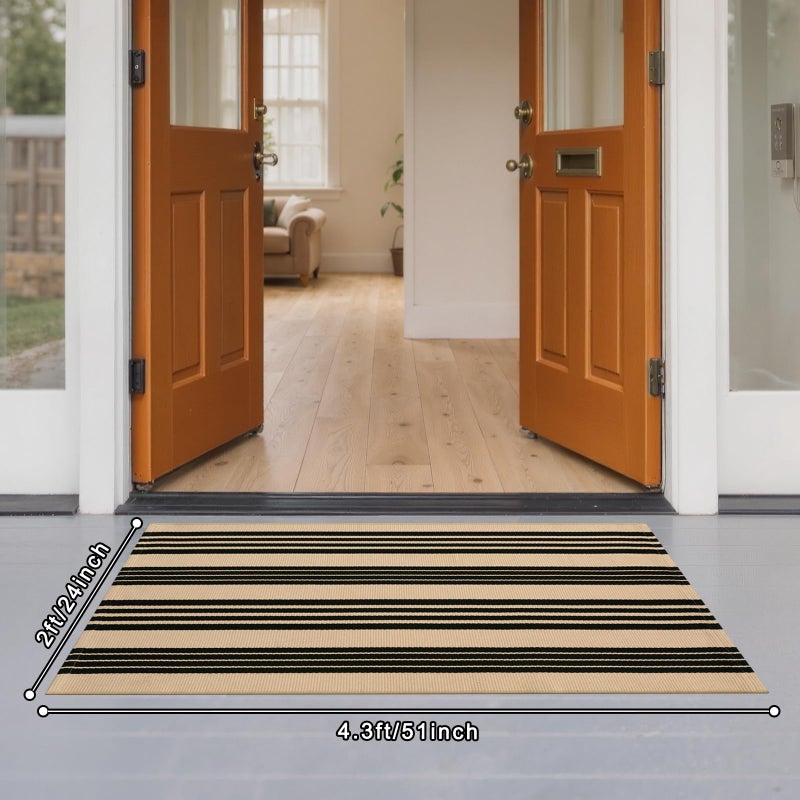 Sungea Striped Outdoor Front Door Mat 24"x51", Cotton Hand Woven Washable Black and Khaki Rug Runner, Reversible Foldable Indoor Layered Front Door Rugs for Entryway/Farmhouse/Home Entrance - Image 4