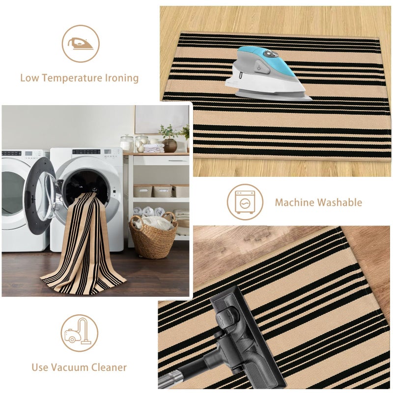 Sungea Striped Outdoor Front Door Mat 24"x51", Cotton Hand Woven Washable Black and Khaki Rug Runner, Reversible Foldable Indoor Layered Front Door Rugs for Entryway/Farmhouse/Home Entrance - Image 5