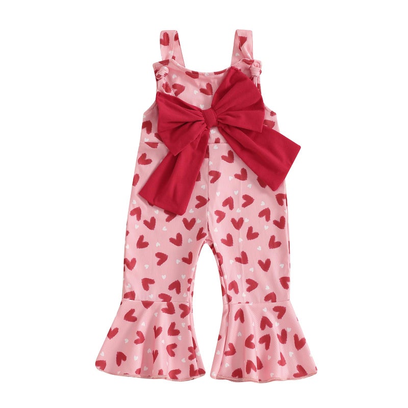 Socutebabe Toddler Kids Baby Girl Valentines Bell-Bottom Jumpsuit Romper Overalls Heart Print Flare Pants Outfits (Red, 3-4 Years) - Image 1
