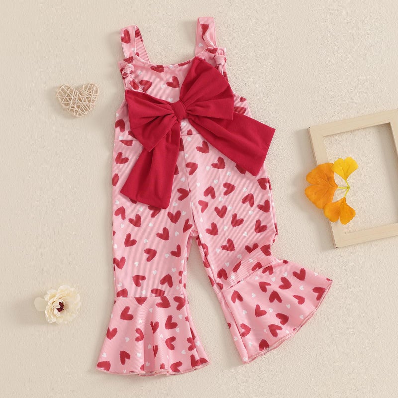 Socutebabe Toddler Kids Baby Girl Valentines Bell-Bottom Jumpsuit Romper Overalls Heart Print Flare Pants Outfits (Red, 3-4 Years) - Image 3